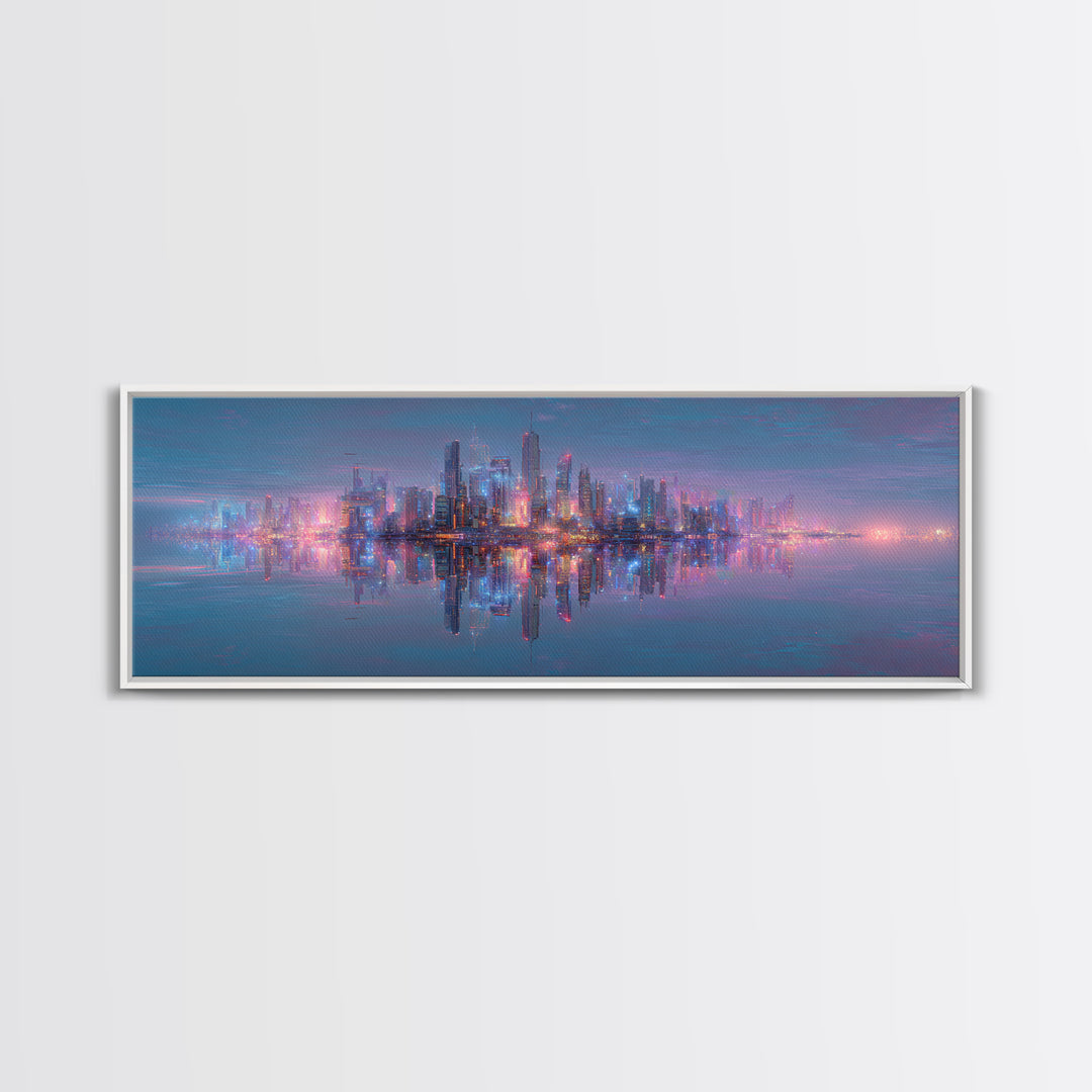 Neon Futuristic Skyline Reflection Wall Art, Panoramic Canvas Print, Cyberpunk Cityscape, Modern Living Room Decor, Large Horizontal Art