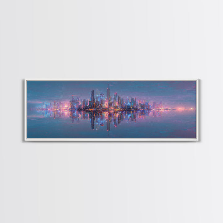Neon Futuristic Skyline Reflection Wall Art, Panoramic Canvas Print, Cyberpunk Cityscape, Modern Living Room Decor, Large Horizontal Art