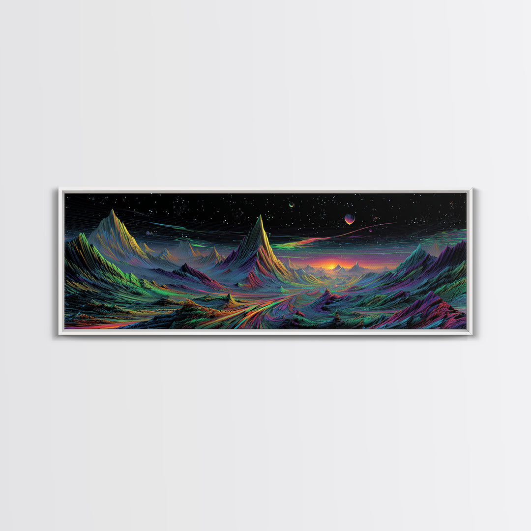 Alien Mountain Road Under Stars Wall Art, Psychedelic Space Landscape, Sci Fi Decor, Panoramic Canvas, Vaporwave Gamer Room Print