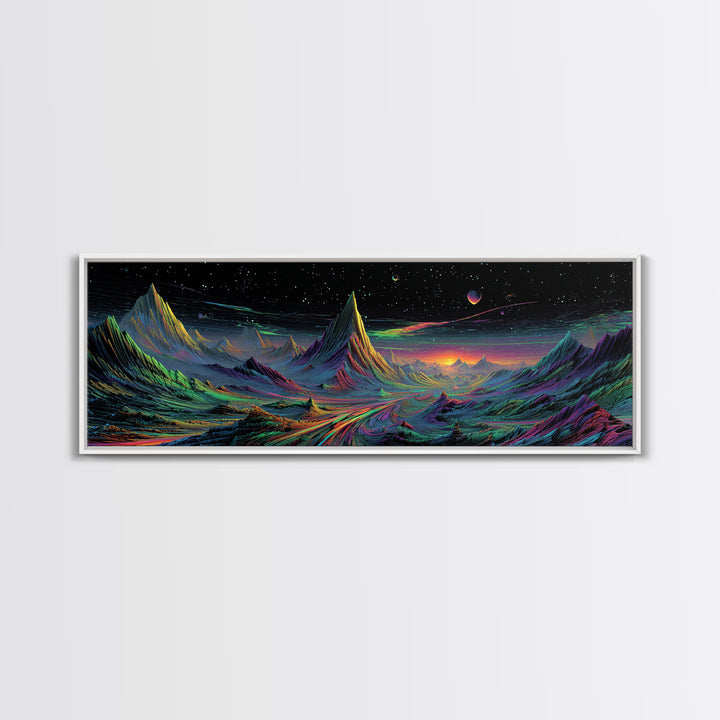 Alien Mountain Road Under Stars Wall Art, Psychedelic Space Landscape, Sci Fi Decor, Panoramic Canvas, Vaporwave Gamer Room Print