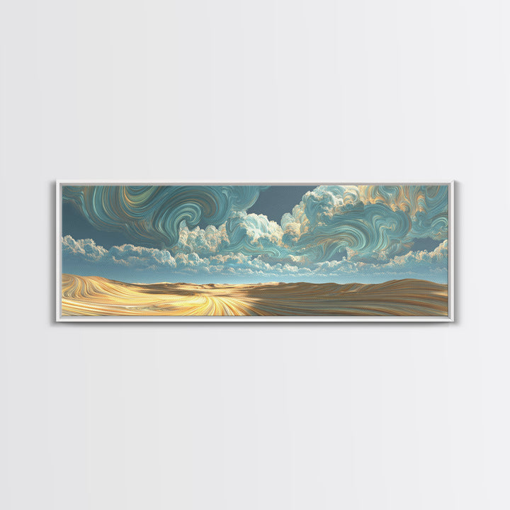 Surreal Golden Desert Under Swirling Clouds Canvas Print, Panoramic Landscape Wall Art For Modern Living Room Decor, Housewarming Gift