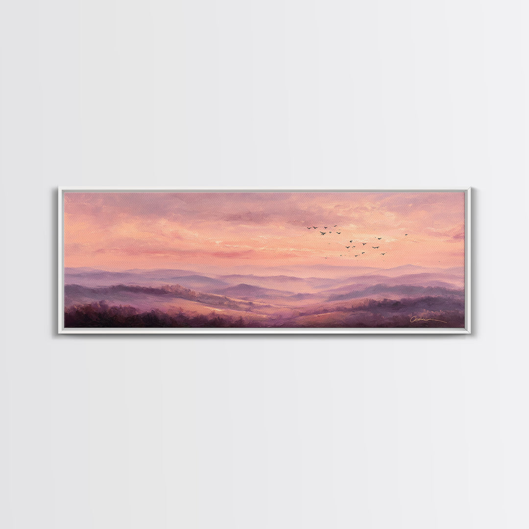Misty Pink Mountain Landscape Wall Art, Romantic Sunrise Canvas Print, Large Horizontal Living Room Decor, Nature Gift Print
