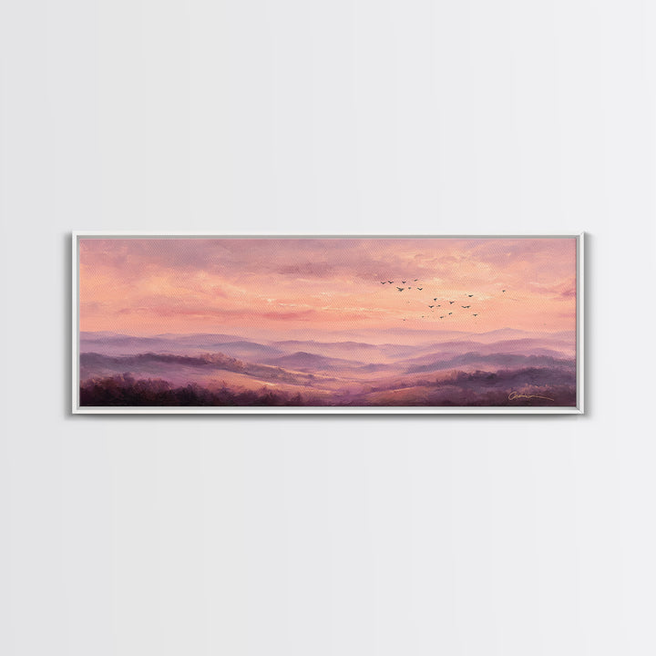Misty Pink Mountain Landscape Wall Art, Romantic Sunrise Canvas Print, Large Horizontal Living Room Decor, Nature Gift Print
