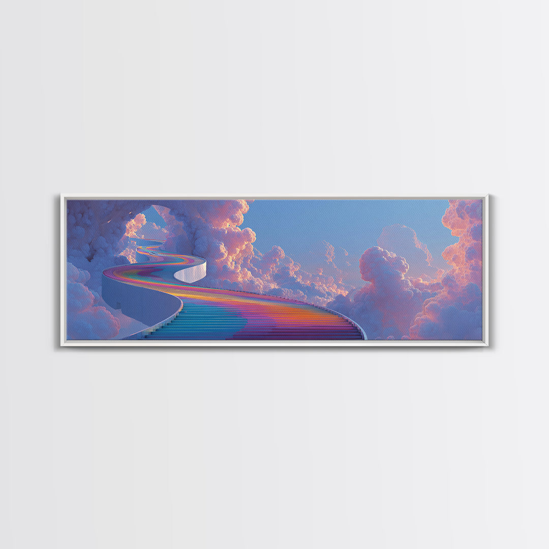 Rainbow Stairway Through Clouds Wall Art, Dreamy Celestial Fantasy Print, Pastel Whimsical Decor, Framed Canvas Print For Nursery