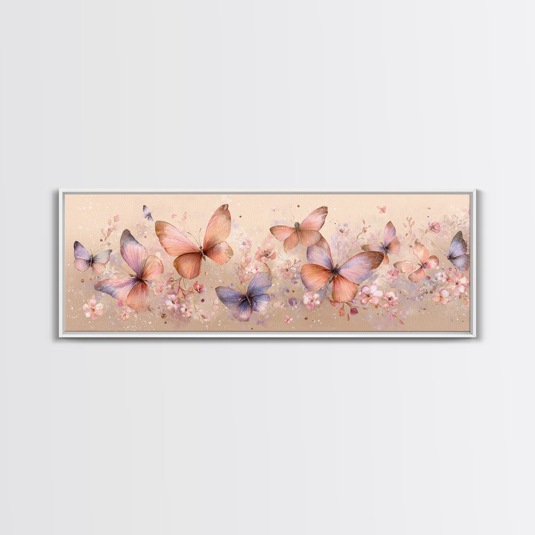 Pastel Butterfly Garden Wall Art, Soft Floral Canvas Print, Feminine Nursery Decor, Spring Bedroom Art, Gift For Her Print