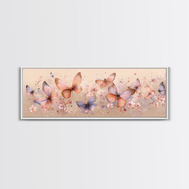 Pastel Butterfly Garden Wall Art, Soft Floral Canvas Print, Feminine Nursery Decor, Spring Bedroom Art, Gift For Her Print
