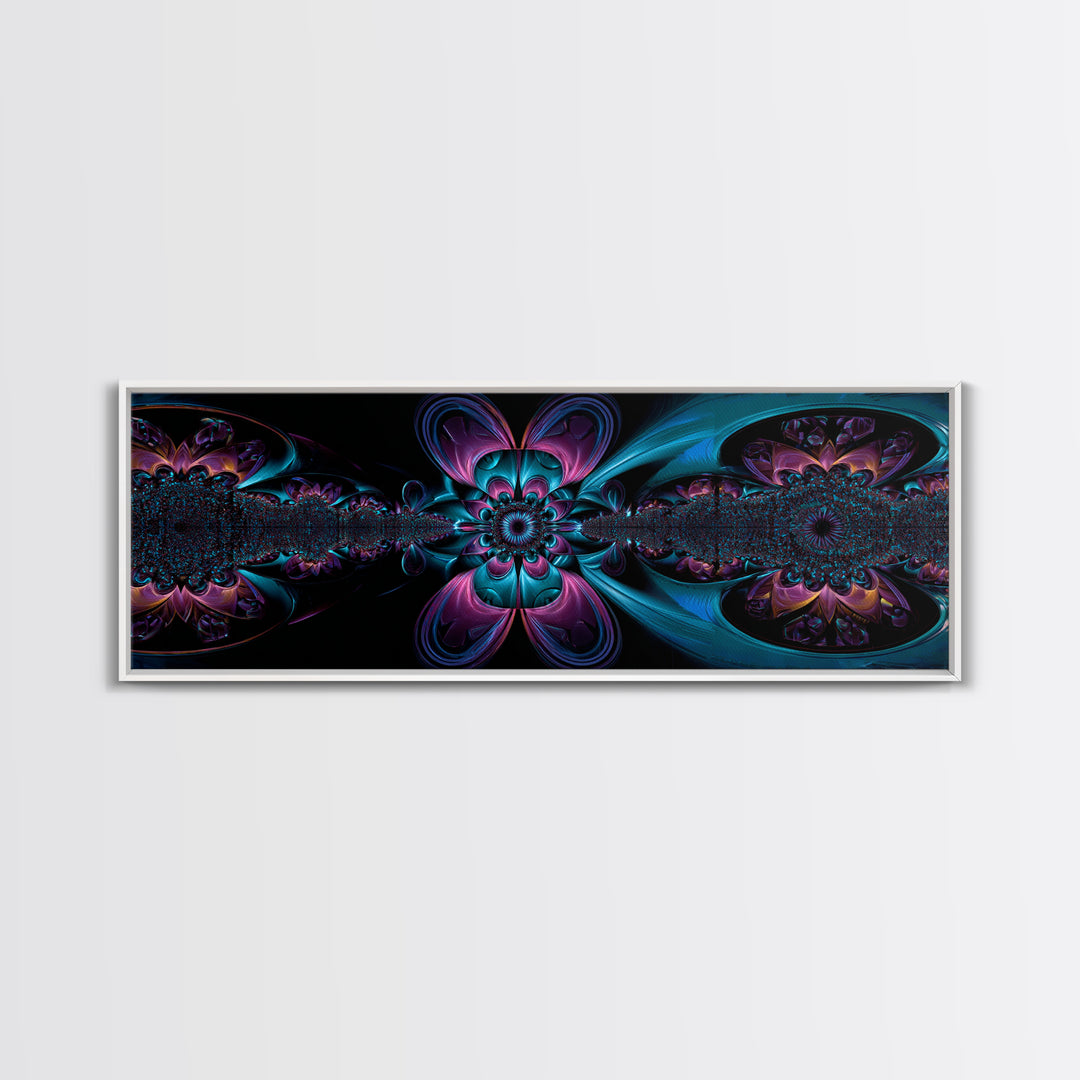 Neon Fractal Flower Mandala Wall Art, Symmetrical Psychedelic Canvas, Teal And Purple Abstract Decor, Meditation Room Print
