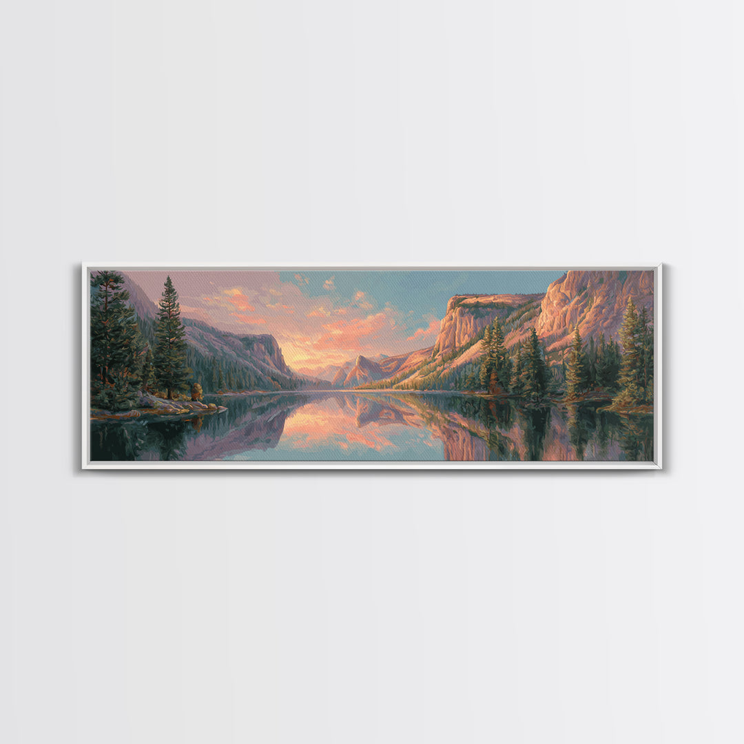 Serene Mountain Lake Sunset Wall Art, Panoramic Landscape Canvas Print, Rustic Nature Decor For Living Room And Cabin Home Decor