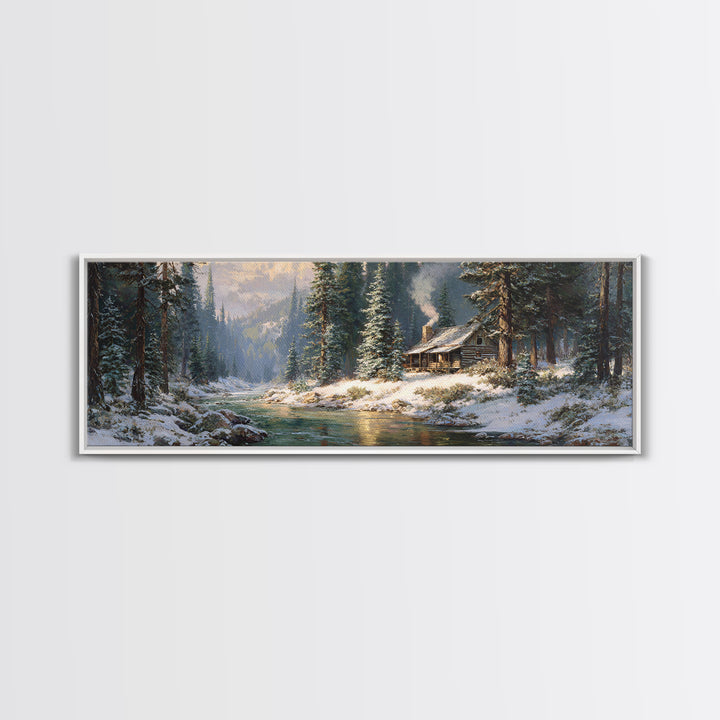 Snowy Cabin River Framed Canvas Print, Winter Forest Landscape Wall Art, Rustic Home Decor, Lake House Gift For Living Room Decor
