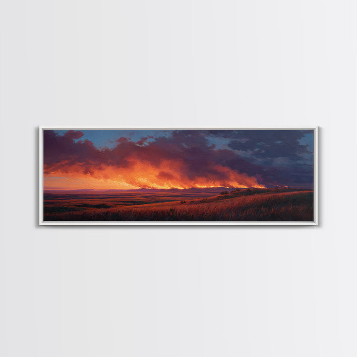 Wildfire Prairie Sunset Wall Art, Dramatic Grassland Landscape, Moody Rustic Decor, Western Canvas Print, Large Horizontal Art