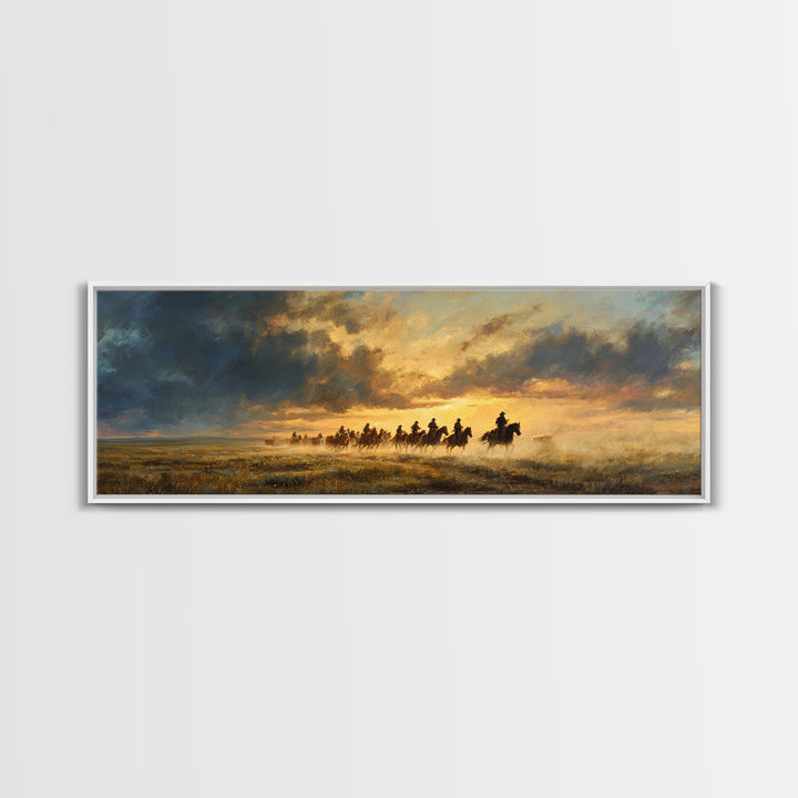 Galloping Cowboys At Sunset Framed Canvas Print, Western Horse Landscape Wall Art, Rustic Ranch Decor, Moody Prairie Painting