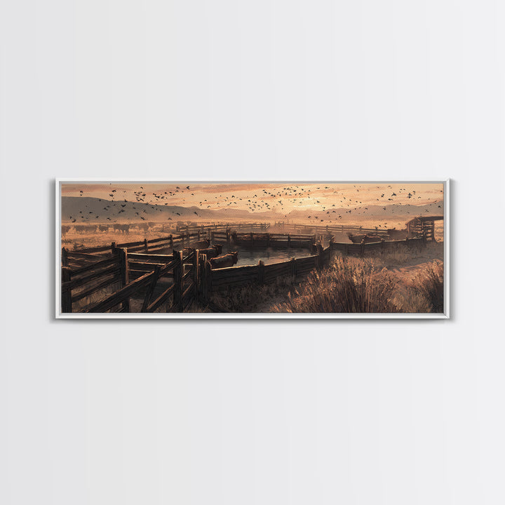 Sepia Ranch Corral Sunset Framed Canvas Print, Western Wall Art, Rustic Farmhouse Decor, Cowboy Landscape, Housewarming Gift