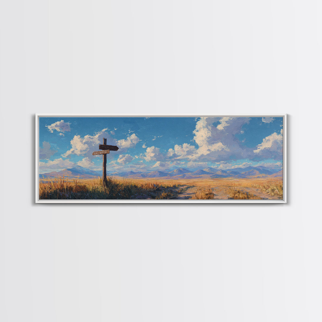 Sunlit Prairie Signpost And Mountain Meadow Wall Art, Rustic Country Landscape Canvas Print, Farmhouse Decor, Open Range Gift