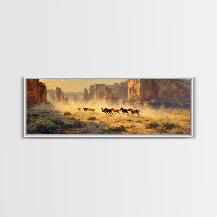 Wild Horses Running Through Desert Canyon Wall Art, Western Landscape Canvas Print, Southwest Decor, Rustic Living Room Art