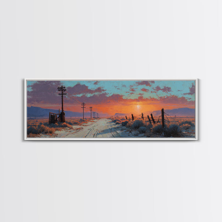 Snowy Country Road Sunset Wall Art, Rustic Winter Landscape Canvas, Farmhouse Decor, Wide Horizontal Print, Cozy Gift For Her