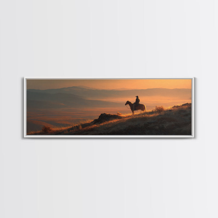 Cowboy Sunset Mountain Landscape Wall Art, Western Horse Rider Canvas Print, Rustic Ranch Decor, Masculine Office Art Gift