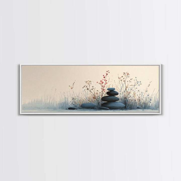 Zen Stacked Stones Wall Art, Minimalist Floral Canvas Print, Calming Spa Decor, Meditation Room Art, Neutral Home Decor Print