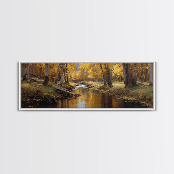 Golden Autumn Forest Creek Wall Art, Impressionist Aspen Landscape Canvas, Warm Nature Print, Rustic Living Room Decor, Cozy Home Decor