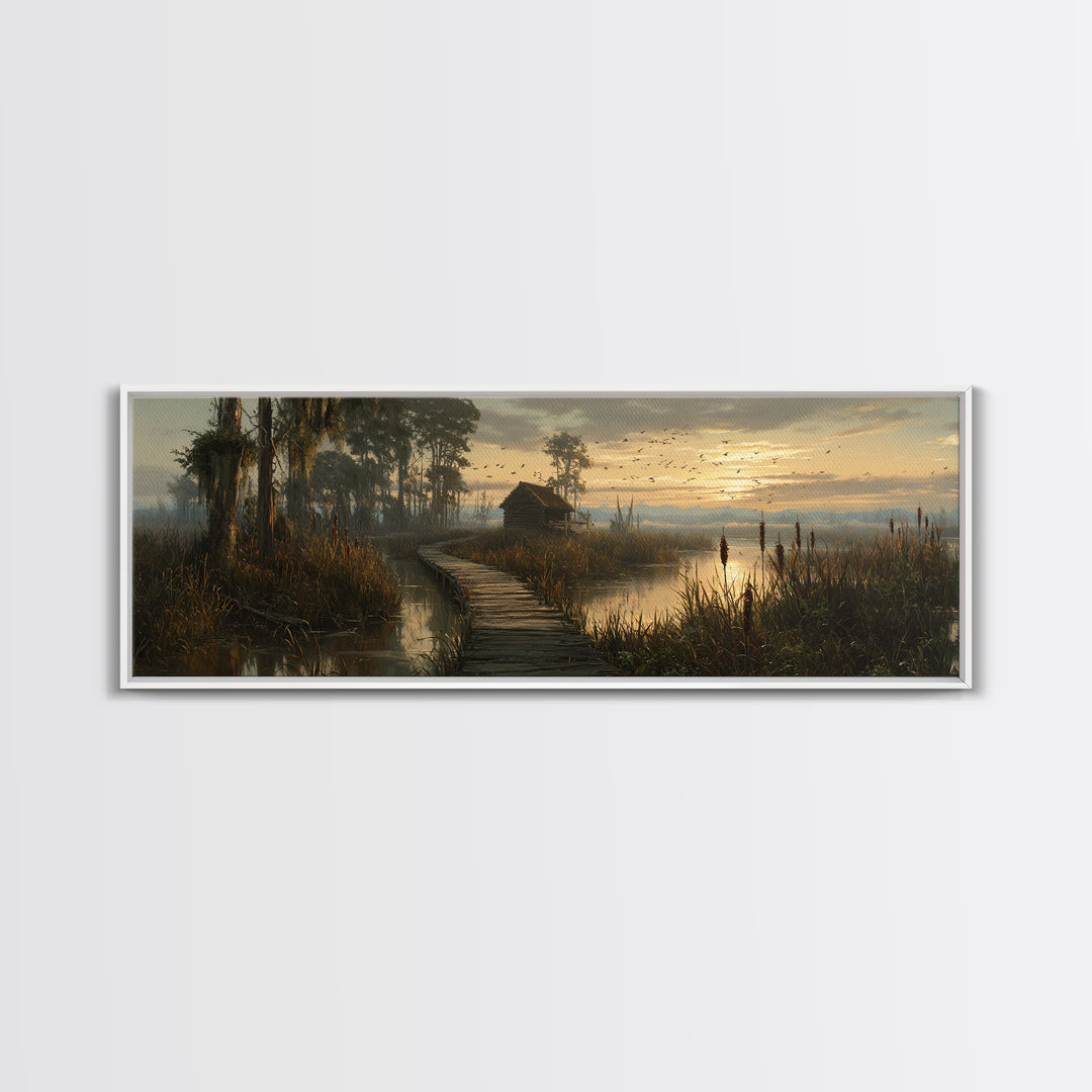 Misty Marsh Boardwalk Cabin Sunrise Birds Wall Art, Serene Wetlands Landscape Canvas Print, Rustic Nature Decor, Lake House Gift