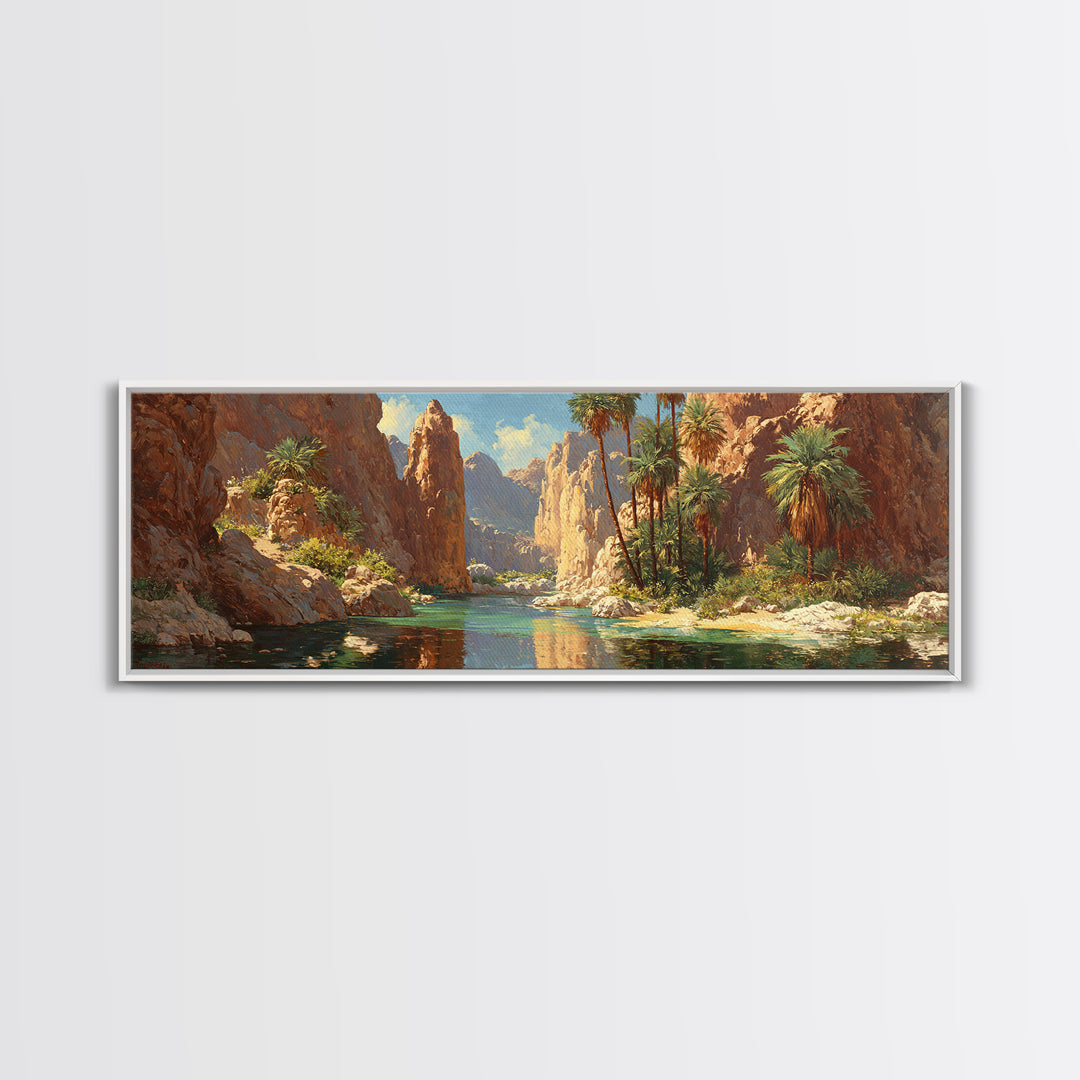 Desert Canyon Oasis Framed Canvas Print, Palm River Landscape Wall Art, Southwestern Decor, Large Panoramic Nature Print