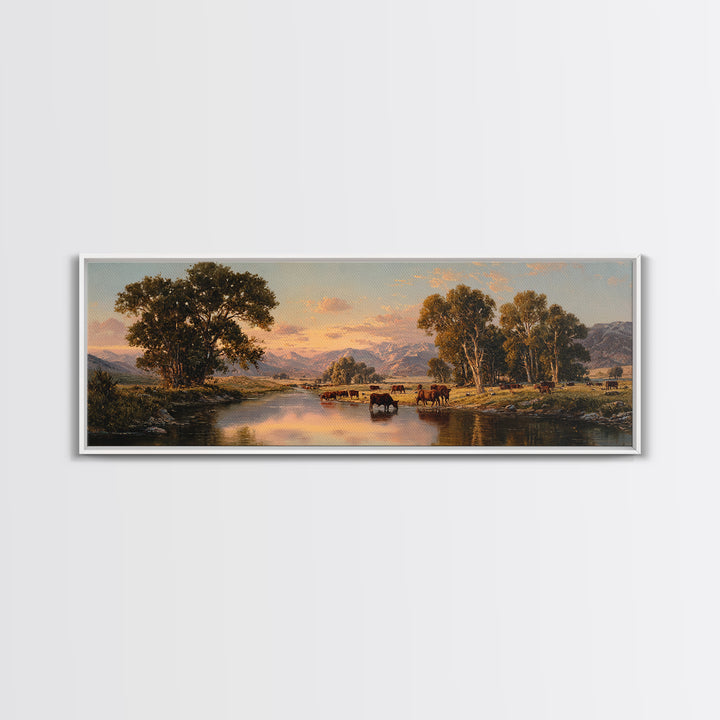 Pastoral River Cattle Valley Wall Art, Mountain Ranch Landscape Canvas, Western Farmhouse Print, Rustic Home Decor, Large Living Room Decor