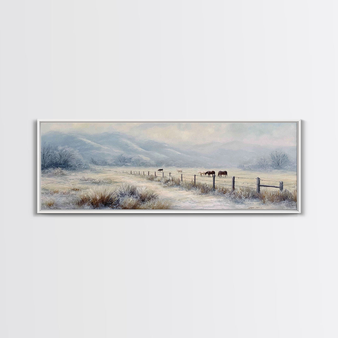 Snowy Pasture Horses Wall Art, Winter Ranch Landscape Canvas Print, Rustic Farmhouse Decor, Country Living Room Gift For Her
