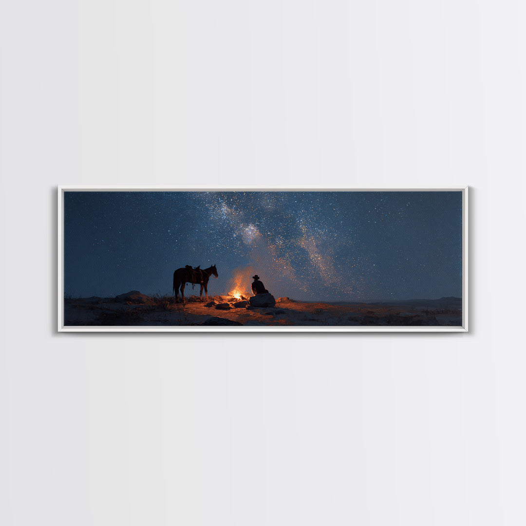 Cowboy Campfire Under Milky Way Wall Art, Western Night Sky Canvas Print, Rustic Desert Decor For Cabin And Man Cave Home Decor