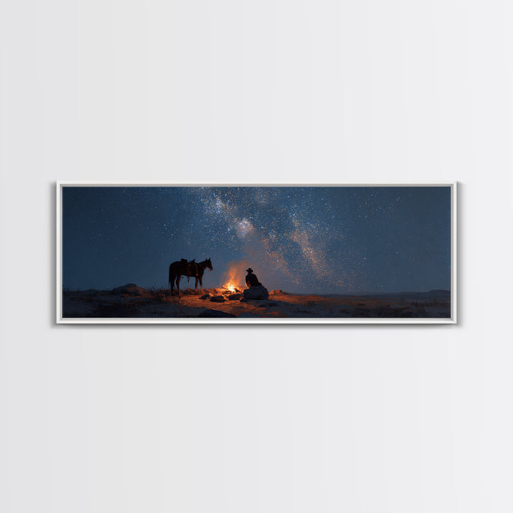 Cowboy Campfire Under Milky Way Wall Art, Western Night Sky Canvas Print, Rustic Desert Decor For Cabin And Man Cave Home Decor