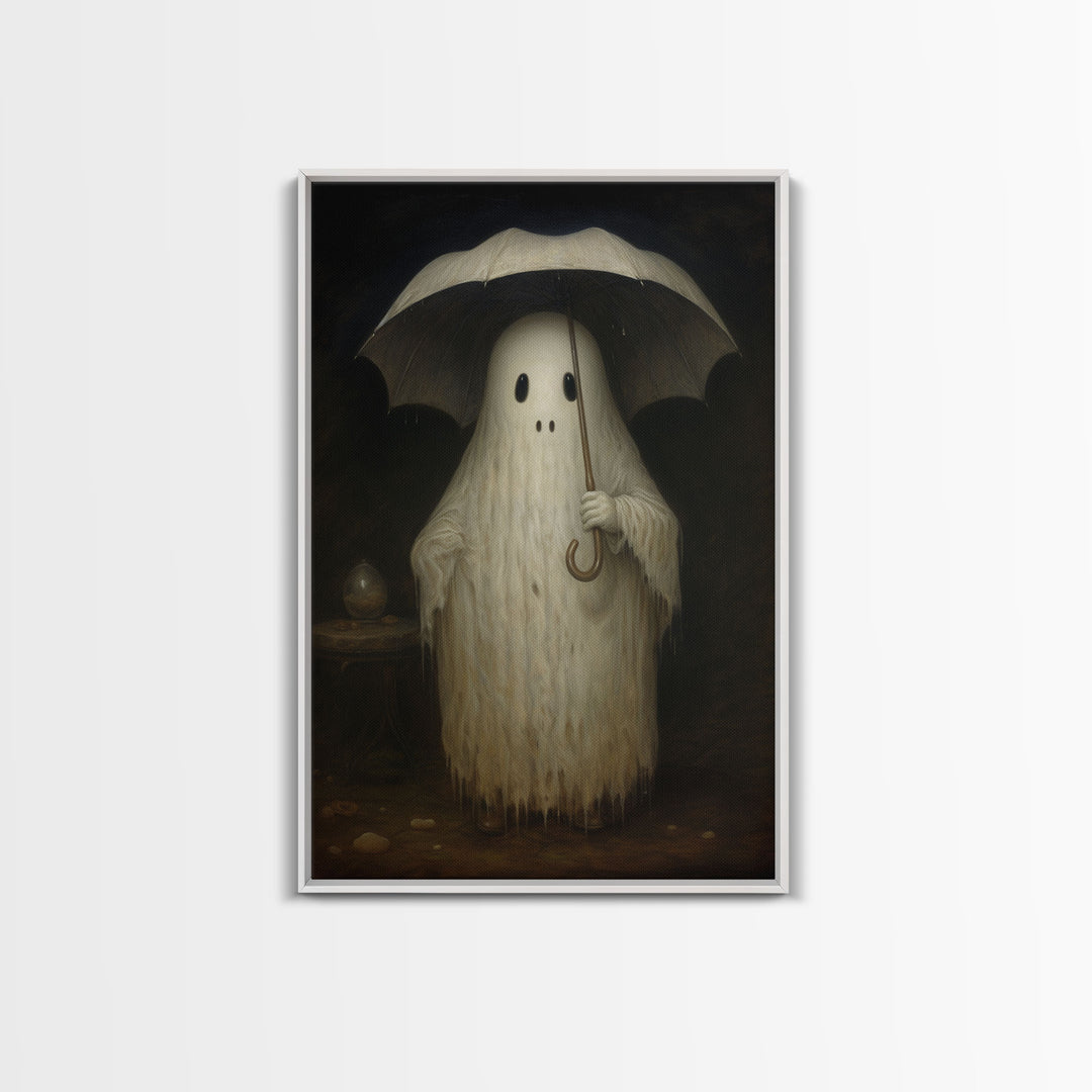 Cute Ghost Painting, Ghost In The Rain, Vintage Canvas, Art Canvas Print, Dark Academia, Haunting Ghost, Cute Halloween Decor
