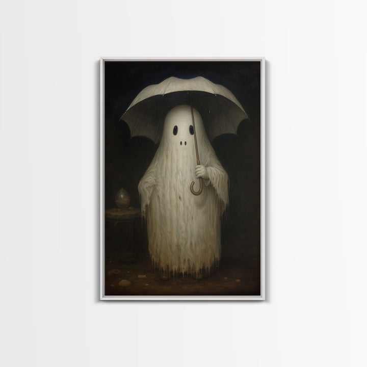 Cute Ghost Painting, Ghost In The Rain, Vintage Canvas, Art Canvas Print, Dark Academia, Haunting Ghost, Cute Halloween Decor