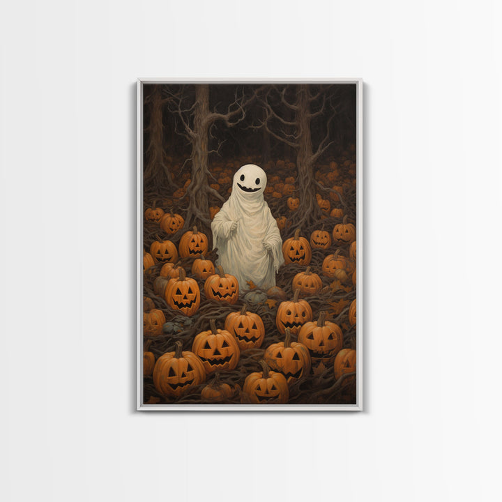 Fall Omens - Spooky Ghost In A Pumpkin Patch, Halloween Decor, Fall Art, Framed Canvas Print, Spooky Halloween Decor