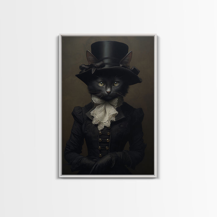 Cute Renaissance Cat, Black Cat Print, Goth Home Decor, Art Canvas Print, Dark Academia, Gothic Victorian, Halloween Decor, Witch Familiar
