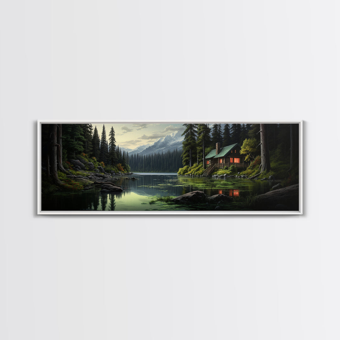 Cozy Cabin on The Lake, Framed Canvas Print, Farmhouse Decor, Landscape Painting, Unique Wall Art