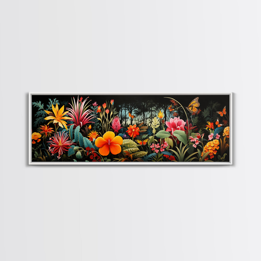 Beautiful Tropical Print "The Jungle" Framed Canvas Print, Panoramic Art, Extra Wide Wall Decor, Living Room Decor
