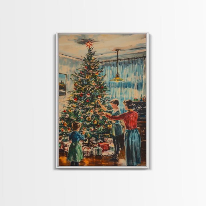 Family Decorating Christmas Tree in Cozy Living Room, Vintage Holiday Scene, Perfect Christmas Wall Decor, Framed Canvas Print