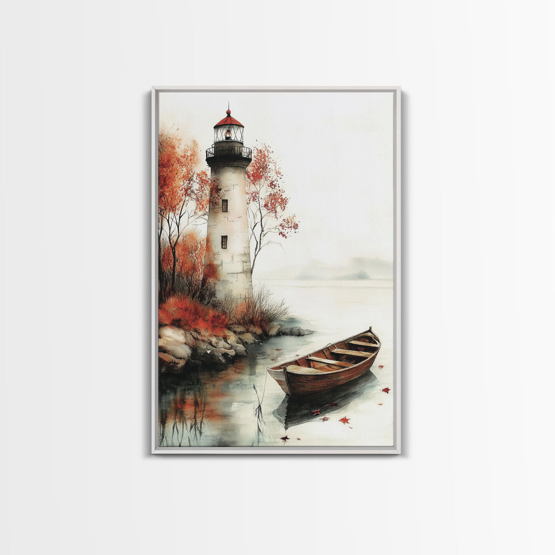 Lighthouse In The Fall, Framed Canvas Print, Fall Decor, Autumn Centerpiece Art, Boho Minimalist Style Wall Art
