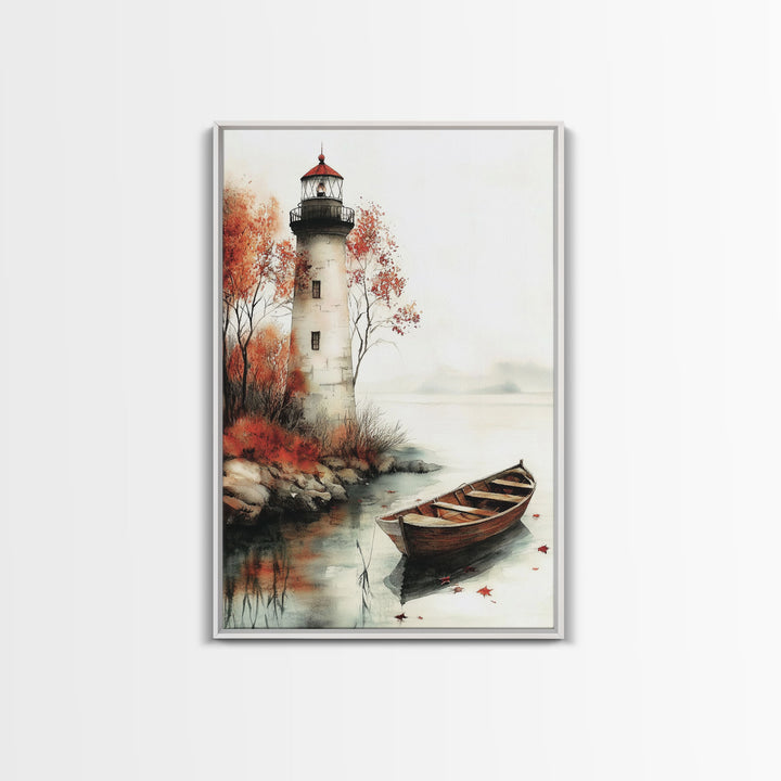 Lighthouse In The Fall, Framed Canvas Print, Fall Decor, Autumn Centerpiece Art, Boho Minimalist Style Wall Art