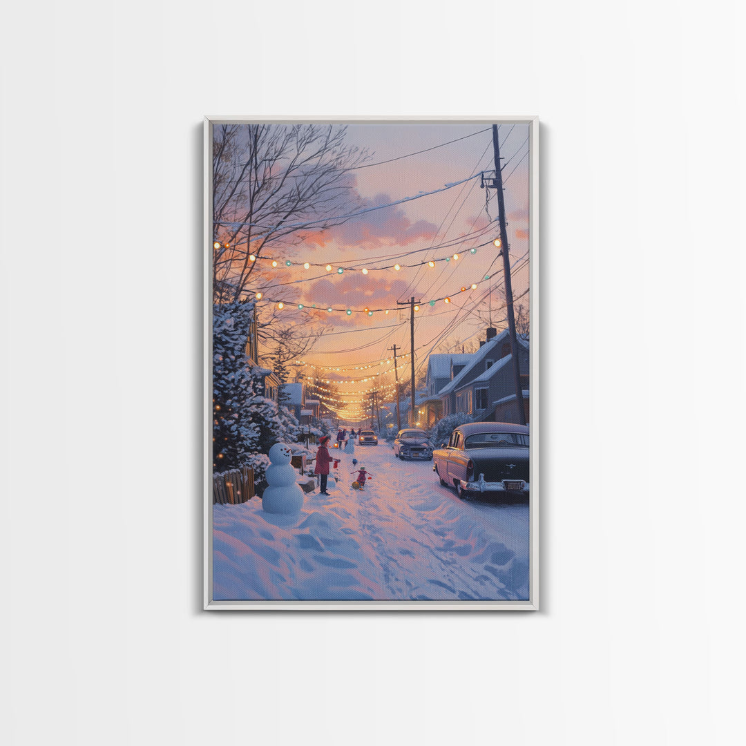 Cozy Neighborhood Christmas Evening with Snowmen and Festive Lights, Perfect for Framed Canvas Print and Holiday Wall Art