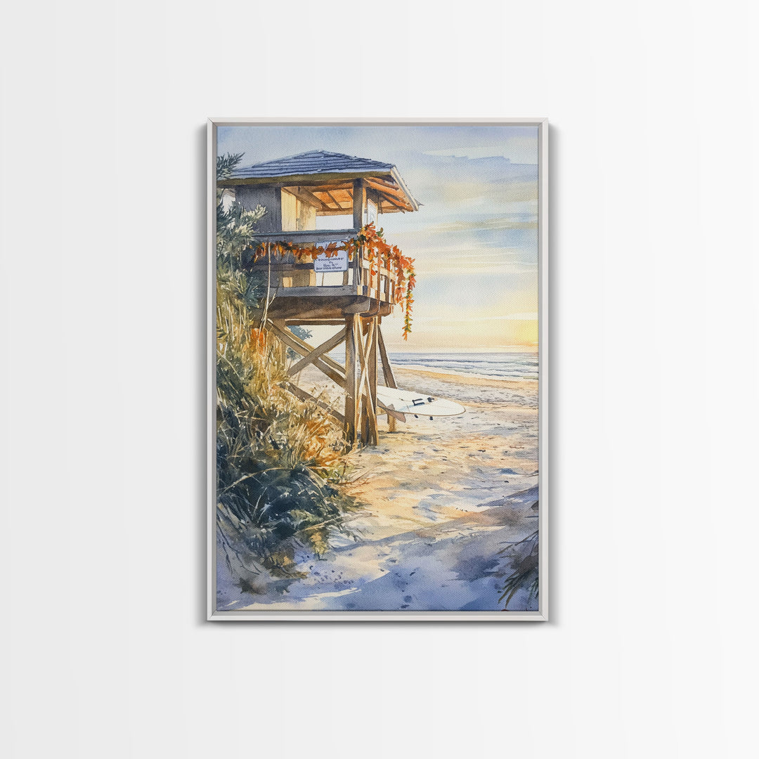 Lifeguard Shack Decorated For Christmas, Tropical Christmas Wall Art, Canvas Print, Wood Framed Wall Art, Christmas Vintage, Christmas