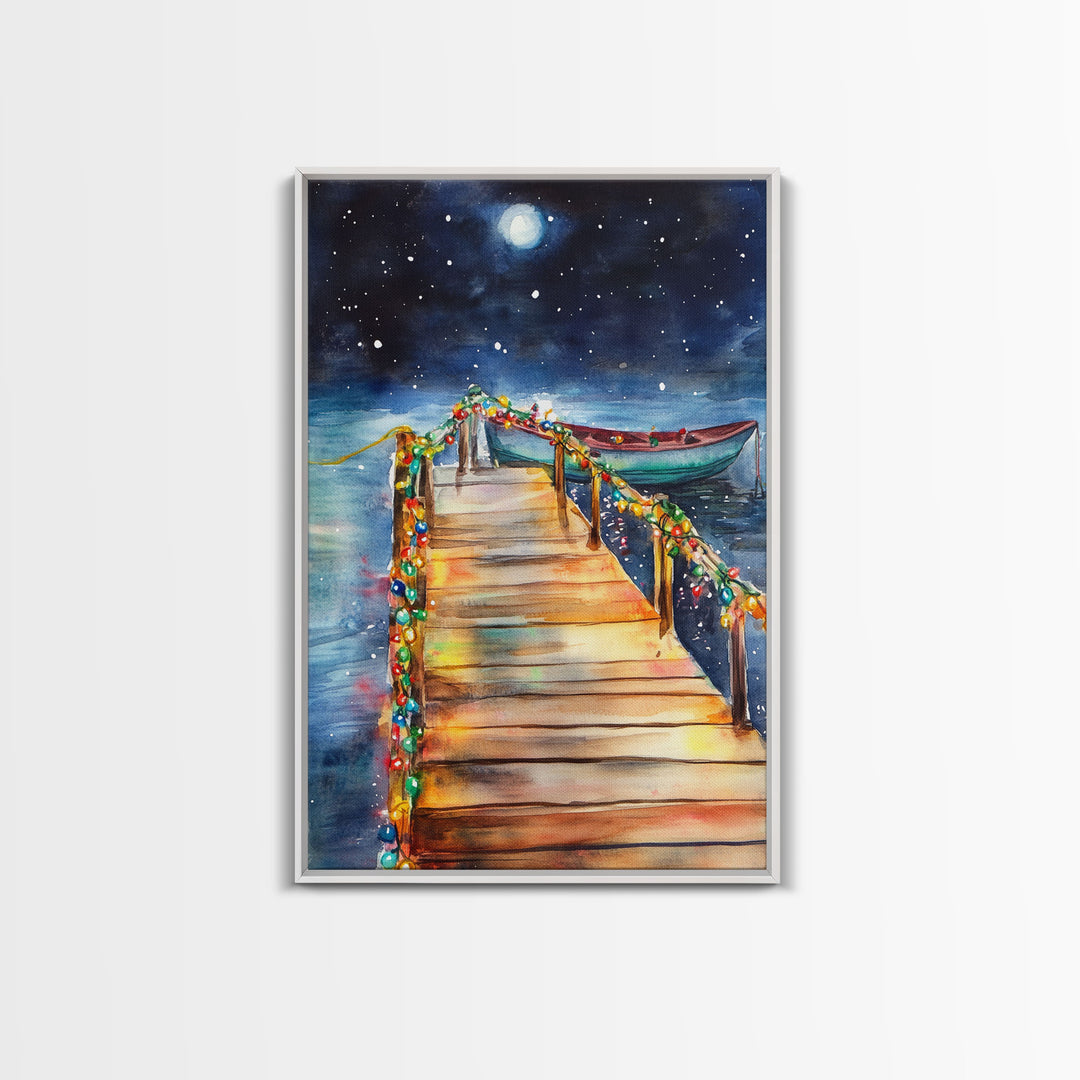 Lakeside Dock Decorated For Christmas, Nautical Christmas Wall Art Canvas Print, Farmhouse Christmas, Lake House Christmas Art