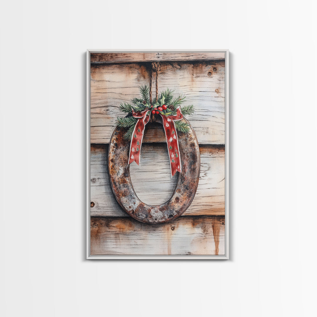 Christmas Horseshoe Framed Canvas Print, Horse Shoe With Mistletoe, Wood Framed Christmas Art, Western Decor, Boho Christmas, Minimalist