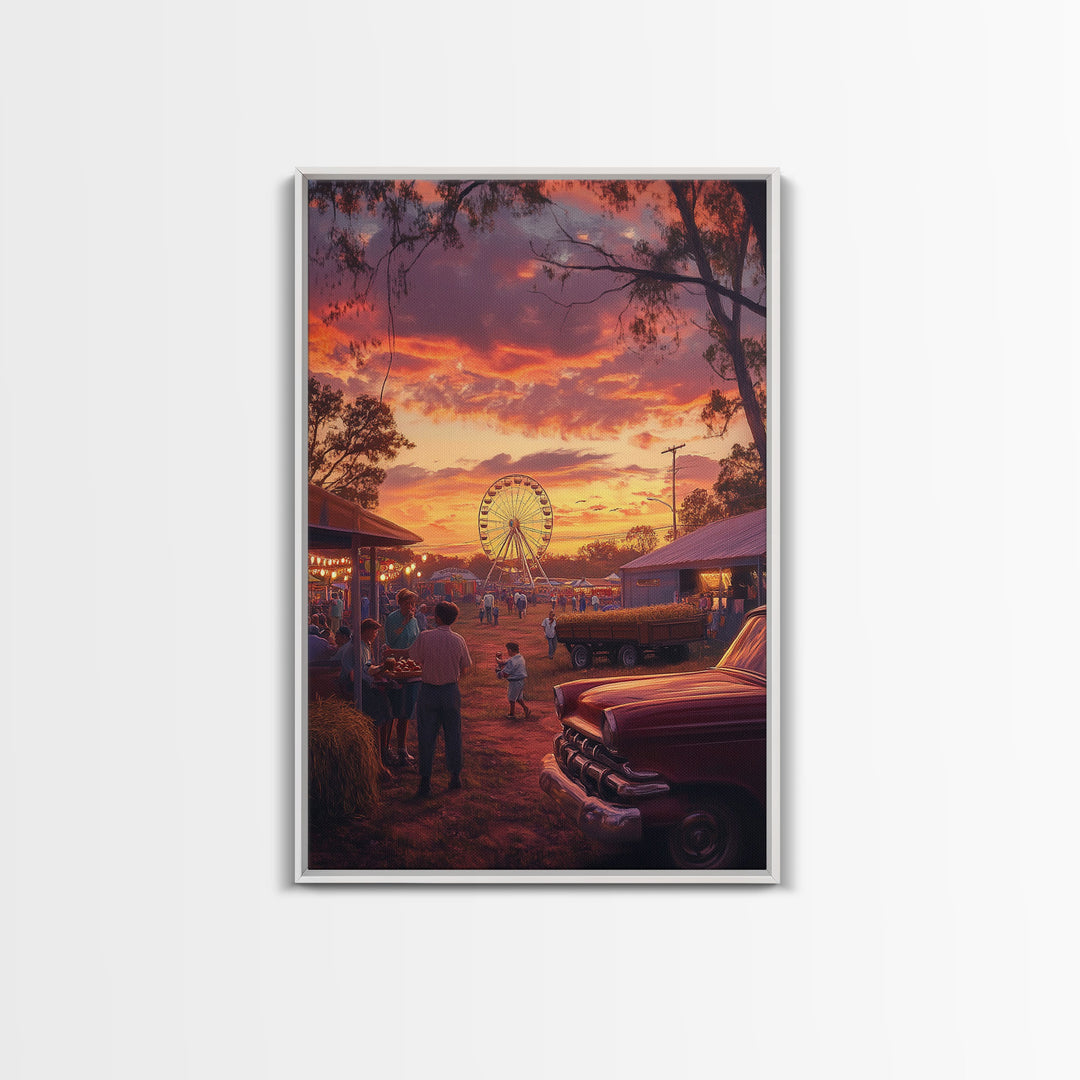 Rustic Country Fair at Sunset, Carnival Ferris Wheel and Warm Autumn Colors, Framed Canvas Print for Seasonal Home Decor