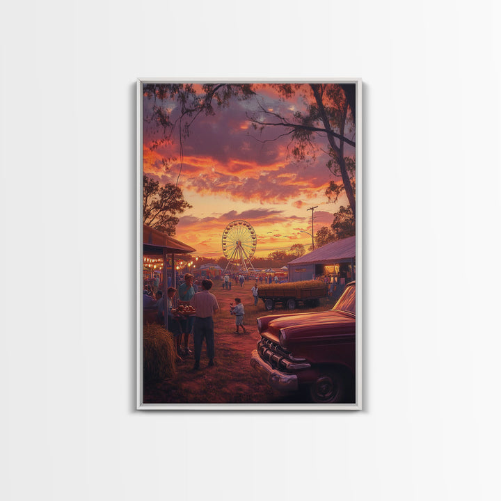Rustic Country Fair at Sunset, Carnival Ferris Wheel and Warm Autumn Colors, Framed Canvas Print for Seasonal Home Decor