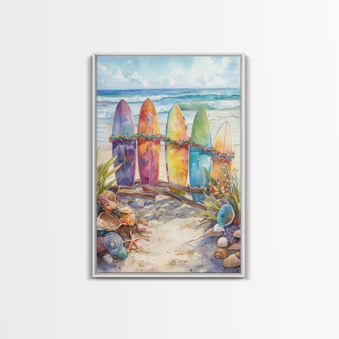 Christmas Surfboards On A Snowy Beach, Framed Canvas Print, Tropical / Nautical Christmas Art or Gift Idea, Christmas Poster