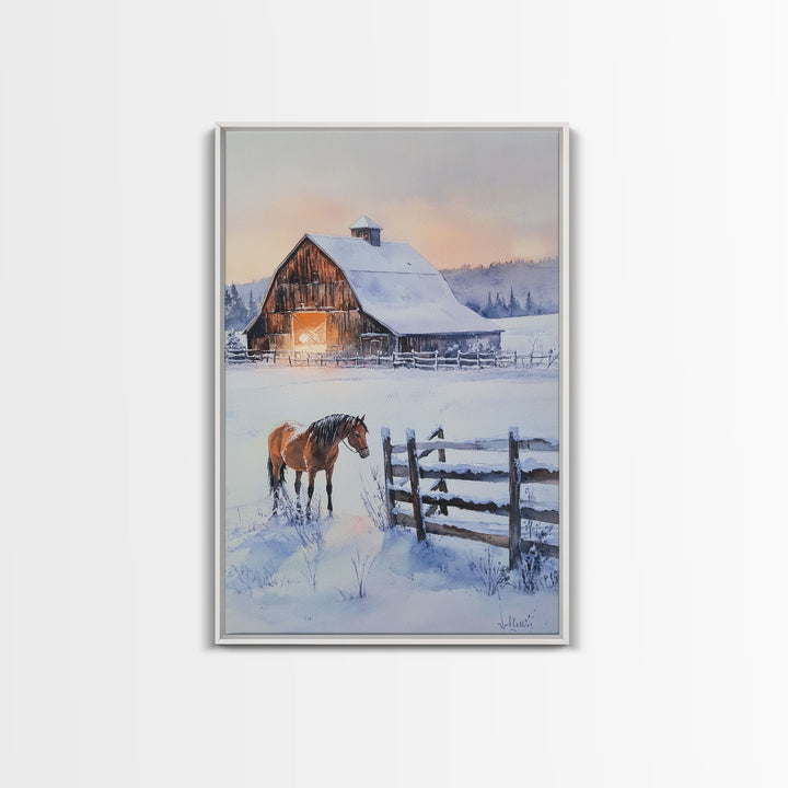 Christmas On The Farm, Winter Wall Art Framed Canvas Print, Gift Idea, Seasonal Decor, Barn Painting, Farmhouse Art