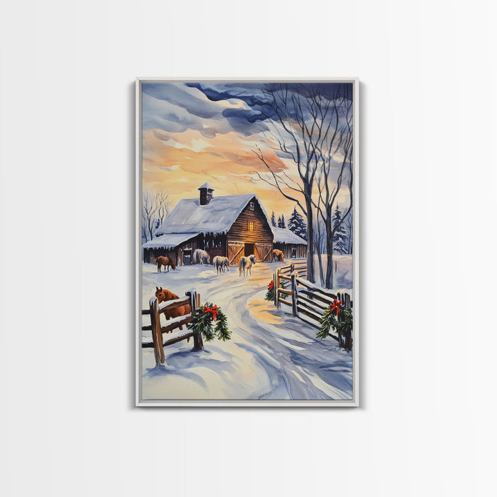 Christmas On The Farm, Winter Wall Art Framed Canvas Print, Gift Idea, Seasonal Decor, Barn Painting, Farmhouse Art