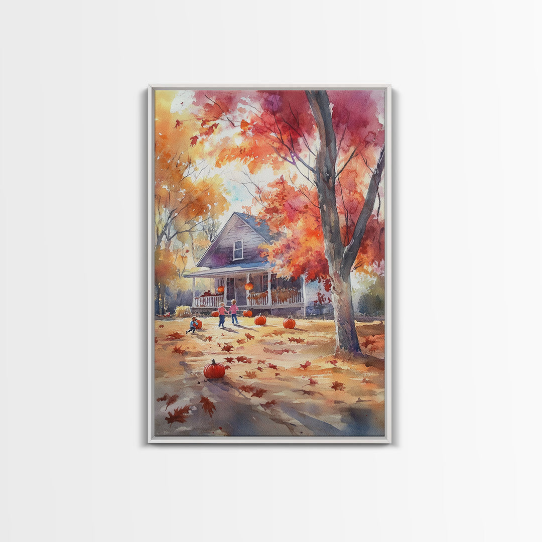 Kids Playing In Fall Leaves Framed Canvas Print Autumn Country Wall Art Farmhouse Decor Best Gift Idea Seasonal Holiday Wall Art
