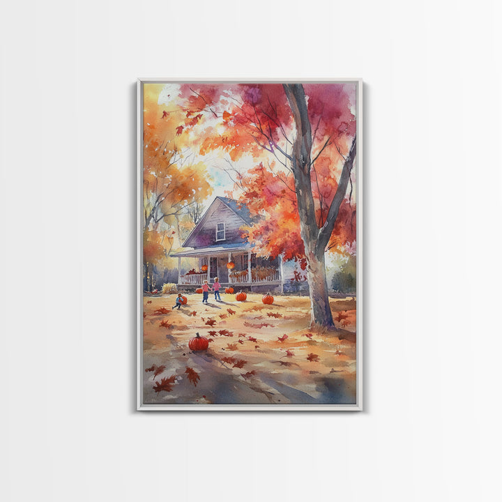 Kids Playing In Fall Leaves Framed Canvas Print Autumn Country Wall Art Farmhouse Decor Best Gift Idea Seasonal Holiday Wall Art