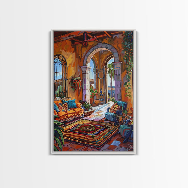 Mediterranean Lounge With Mountain View Framed Canvas Print Spanish Style Patio Wall Art Home Decor Best Gift Seasonal Above Sofa Art
