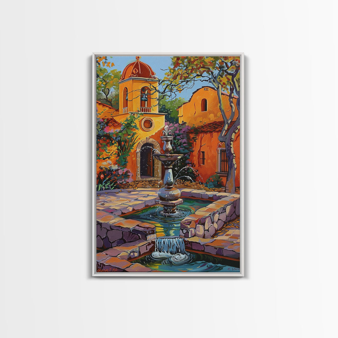 Mexican Style Framed Canvas Print Tall Art Vibrant Outdoor Fountain Scene With Colorful Architecture